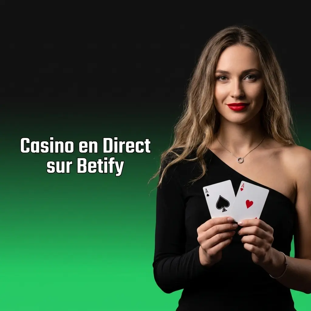Croupier en direct sur Betify filmé en studio HD, avec roulette, blackjack et baccarat en temps réel