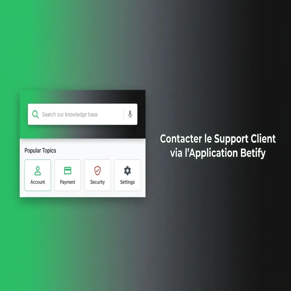 Interface de l'application Betify montrant les options de support client : chat en direct, e-mail et FAQ disponibles 24h/24