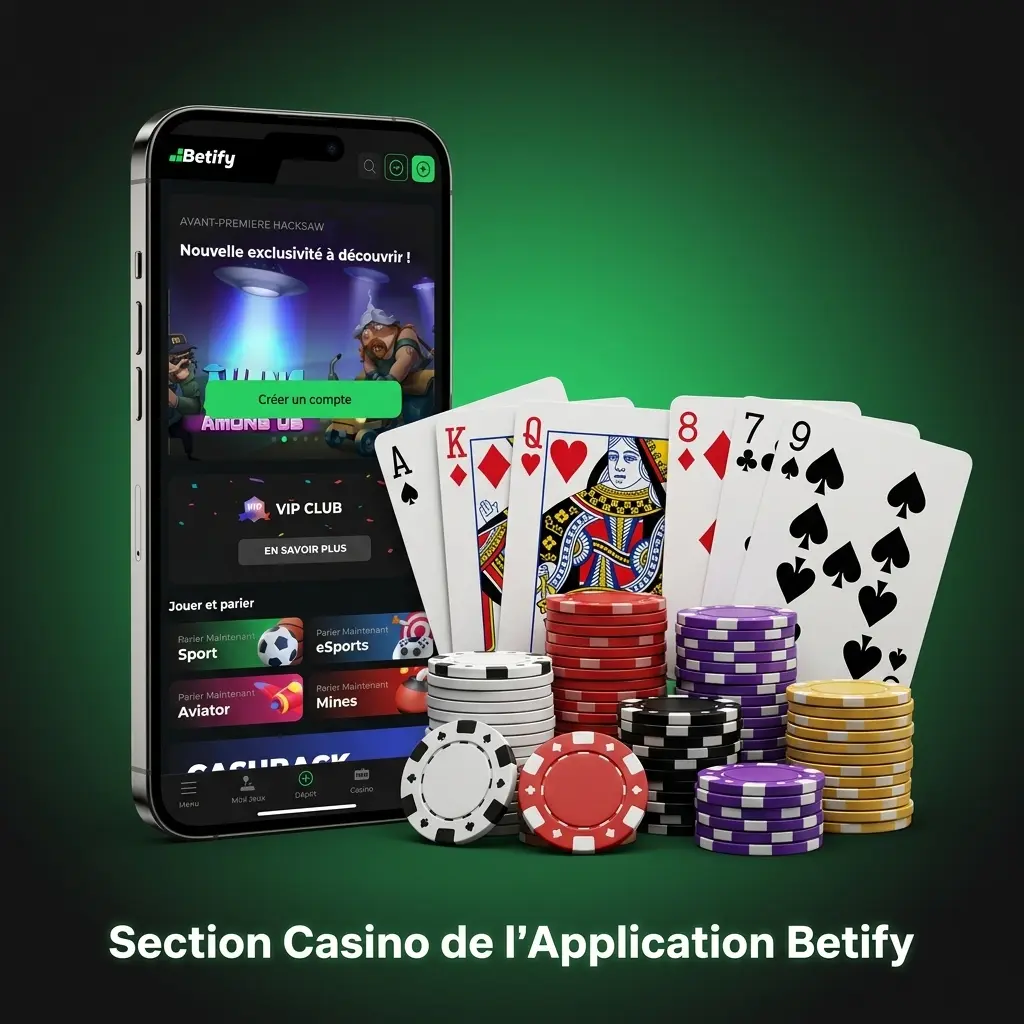 Section casino Betify app avec slots, blackjack, roulette et jeux en direct accessibles sur mobile 4G